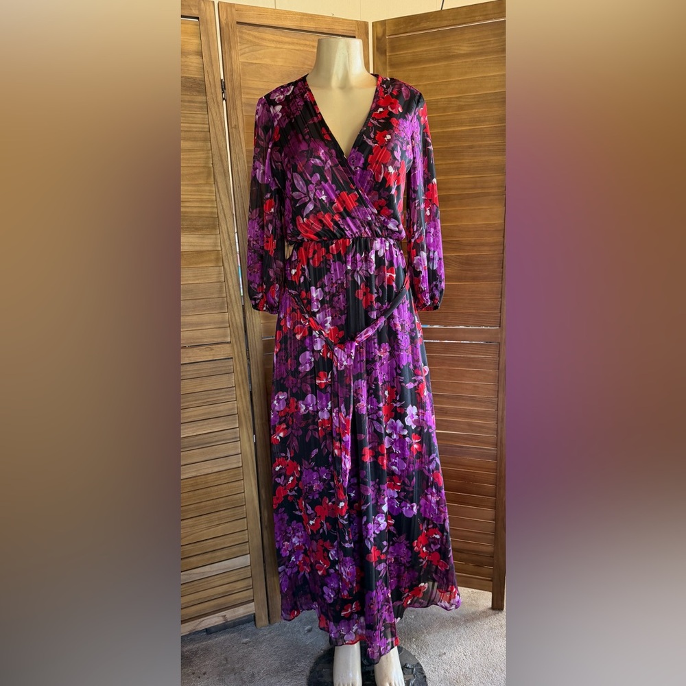 MSK Black and Purple Floral Long Sleeve Dress